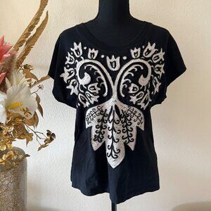 French Connection Beaded Embroidered Floral Black & White T Top M